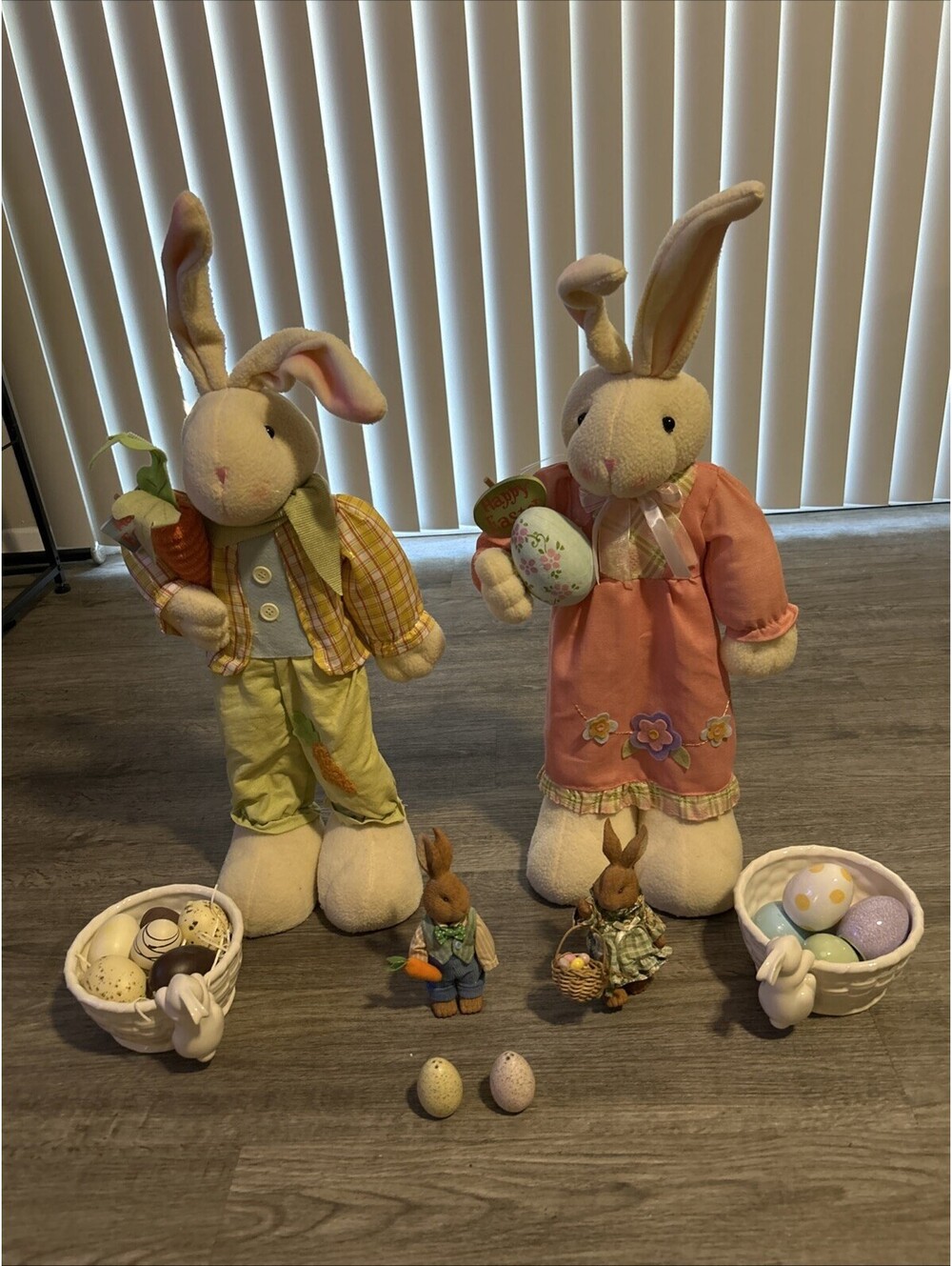 Set of 2, 24” Standing Easter Bunnies, Bowls Eggs Figurines Salt Pepper Shakers